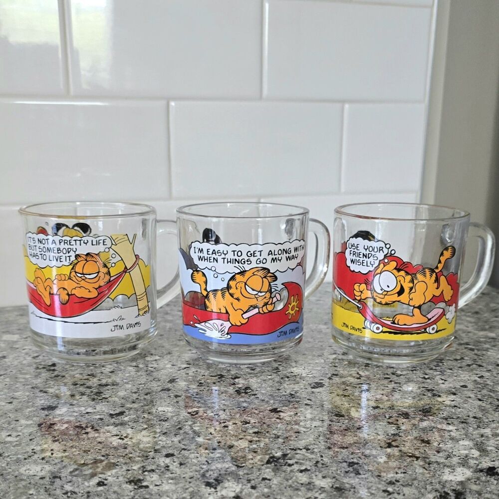 Set of 3 Vintage 1978 McDonald's Garfield Glass Cups Anchor‎ Hocking